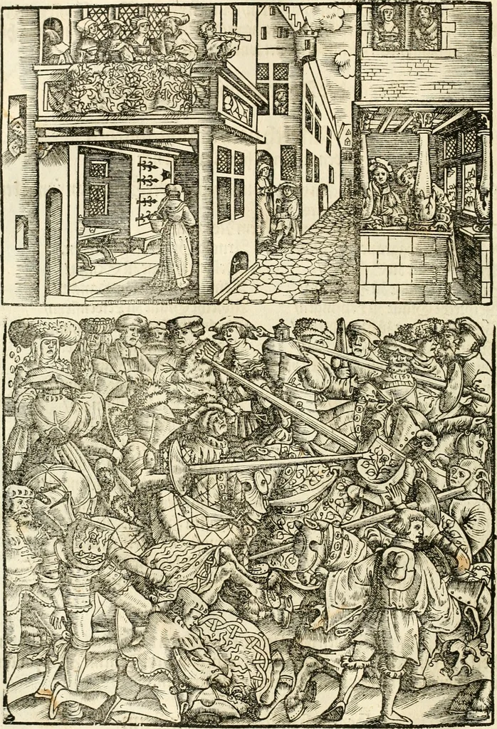 An illustration from Anfang, Vrsprug und Herkomen des Thurniers inn Teutscher Nation : wieuil Thurnier biss vff den letztenn zu Wormbs : auch wie vnnd an welchen Orten die gehalten vñ durch was Fürsten, Grauen, Herrn, Ritter vñ vom Adel, sie iederzeit besucht worden sindt .., 1532, leaf 87