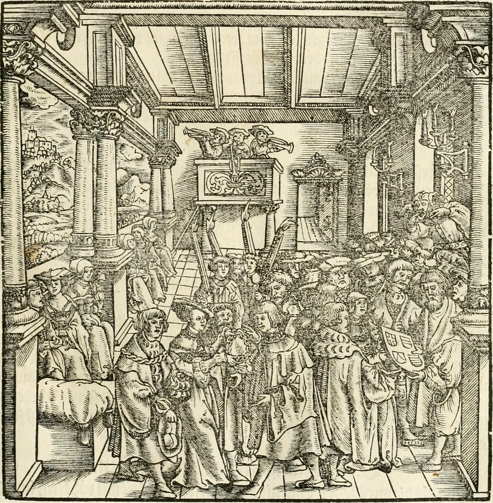 An illustration from Anfang, Vrsprug und Herkomen des Thurniers inn Teutscher Nation : wieuil Thurnier biss vff den letztenn zu Wormbs : auch wie vnnd an welchen Orten die gehalten vñ durch was Fürsten, Grauen, Herrn, Ritter vñ vom Adel, sie iederzeit besucht worden sindt .., 1532, leaf 88
