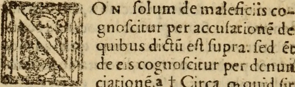 An illustration from Angeli Aretini De maleficiis tractatus : de inquirendis animaduertendisq[ue] criminibus, opus nedum vtile, sed necessarium omnibus, maxime ijs, qui ad prouincias regendas constituti sunt ; cui tractatus Alberti de Gandino, nec non Bonifacii de Vitellinis, vnà cum apostillis Augustini de Arimino, & Hieronymi Chuchalon, veluti apendices subiecimus ... cum eiusdem Angeli vita, 1573, leaf 640