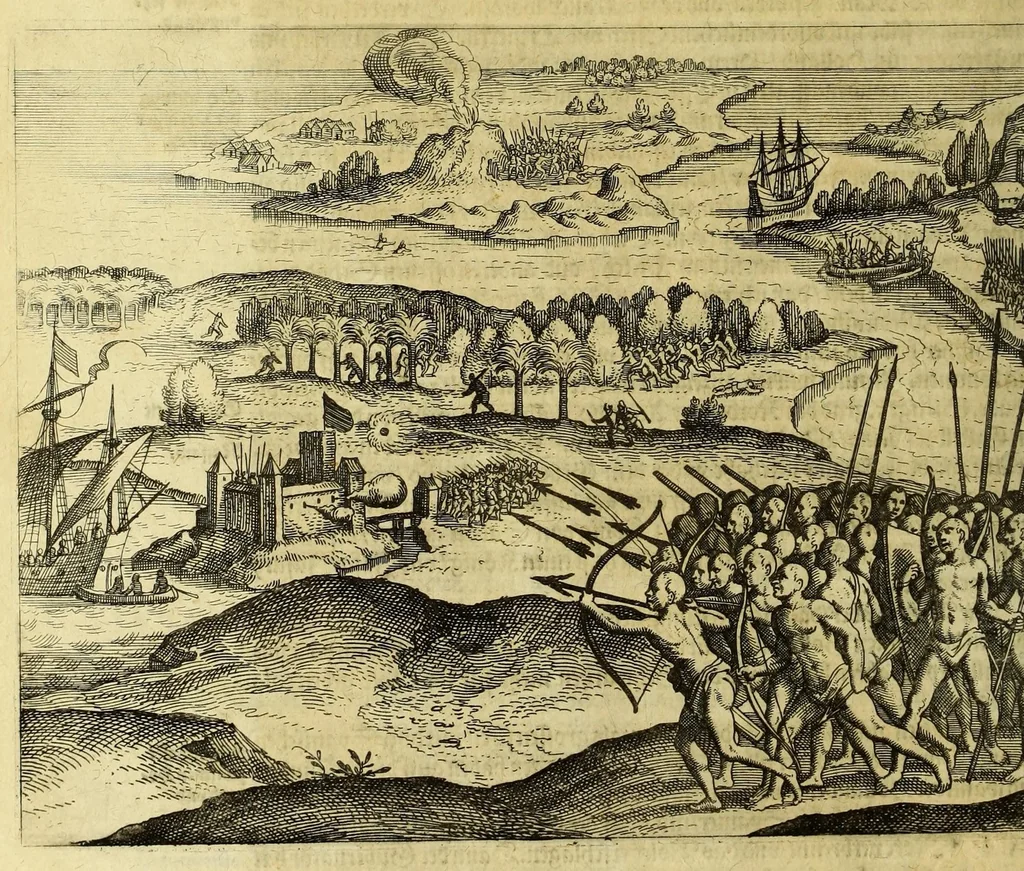 An illustration from Anhang der Beschreibung dess Königreichs Congo. : Innhaltend, fünff Schiffarten Samuel Brauns Burgers vnd Wundartzt zu Basel, so er kurtz verwichener Jahren in vnderschiedliche weit entlegene frembde Konigreich vnd Landschafften glücklich gethan, nemlich in Africam vnd dessen Provincien Congo, Bansa Loanga, Angola, Guinea, Morenland, Bennin, Amboisa, vnd zu dem Festen Castell Nassaw in More. Item gen Alexandriam in Syrien, in Portugal, Hispanien, Italien, wie auch vnderschiedliche Insuln, als da sind die Canarian, Medera, Cales Males, Malta, Candia, Cypern, Sicilien, Sardegna, Corfu, und ander mehr, biss zu seiner wider Ankunsst in Holland., 1625, leaf 36