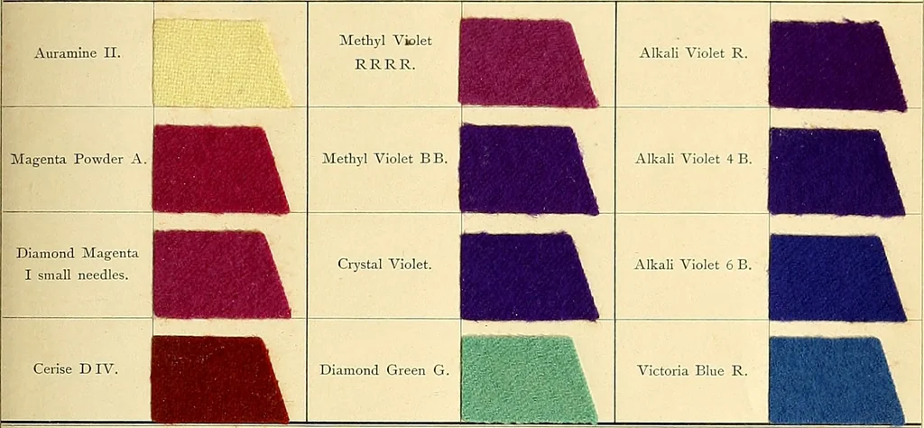 An illustration from The aniline colours of the Badische Anilin- & Soda-Fabrik, Ludwigshafen on Rhine and their application on wool, cotton, silk and other textile fibres, 1901, leaf 154