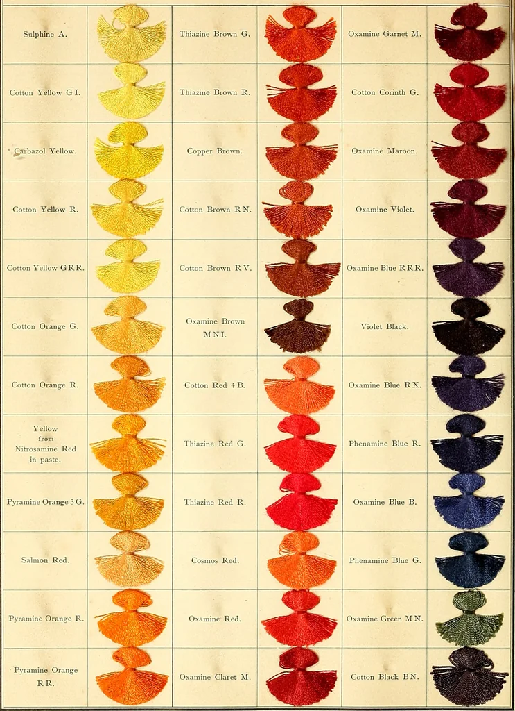 An illustration from The aniline colours of the Badische Anilin- & Soda-Fabrik, Ludwigshafen on Rhine and their application on wool, cotton, silk and other textile fibres, 1901, leaf 295
