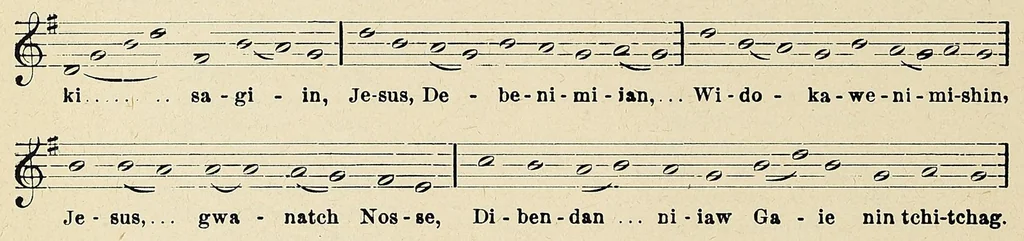 An illustration from Anishinabe negamod : a collection of hymns, Ottawa and Chippewa languages, 1901, leaf 30