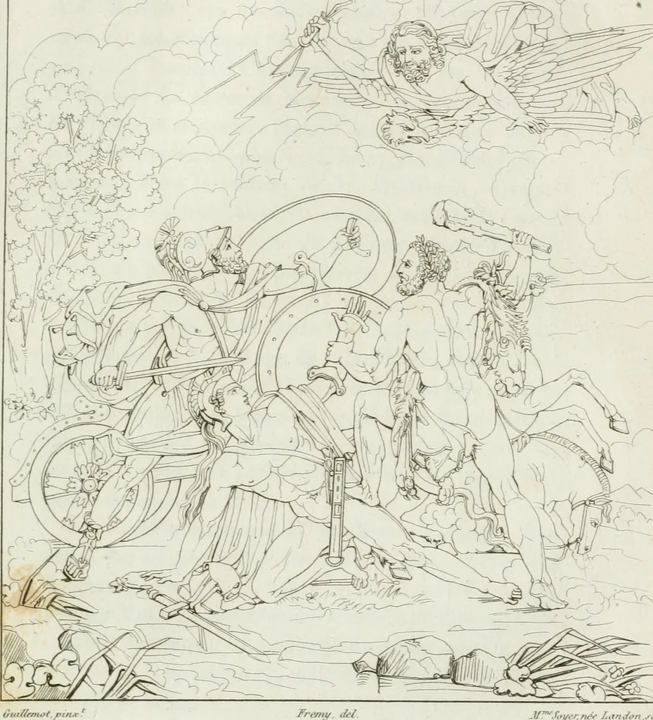 An illustration from Annales de l'école française des beaux-arts : recueil de gravures au trait ... avec des notices historiques et critiques, des considérations sur l'état et les progrès des arts, la biographie des artistes dont la France déplore chaque année la perte, etc., etc., 1827, leaf 100