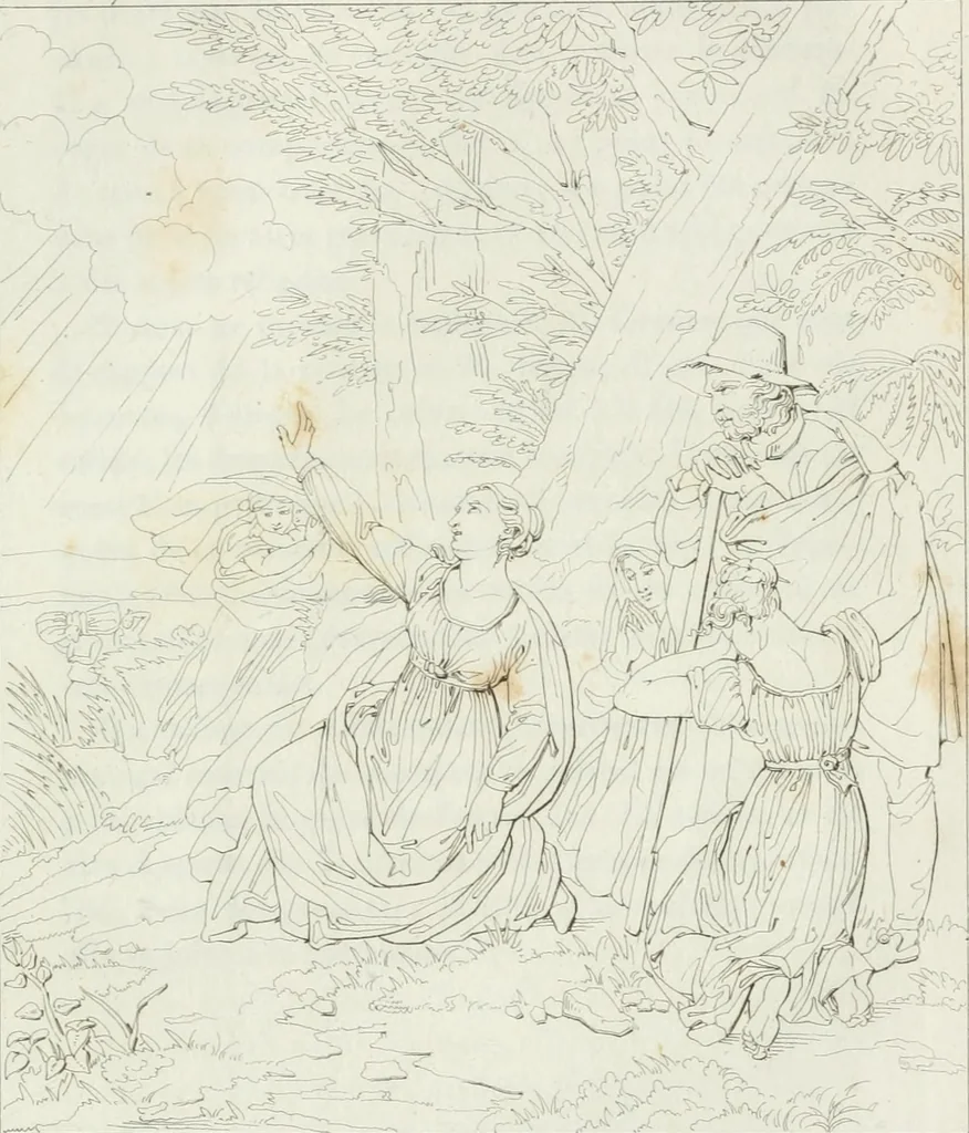 An illustration from Annales de l'école française des beaux-arts : recueil de gravures au trait ... avec des notices historiques et critiques, des considérations sur l'état et les progrès des arts, la biographie des artistes dont la France déplore chaque année la perte, etc., etc., 1827, leaf 108