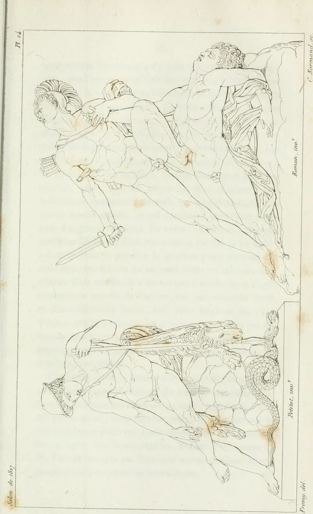 An illustration from Annales de l'école française des beaux-arts : recueil de gravures au trait ... avec des notices historiques et critiques, des considérations sur l'état et les progrès des arts, la biographie des artistes dont la France déplore chaque année la perte, etc., etc., 1827, leaf 112