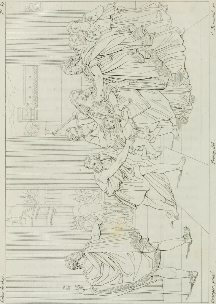 An illustration from Annales de l'école française des beaux-arts : recueil de gravures au trait ... avec des notices historiques et critiques, des considérations sur l'état et les progrès des arts, la biographie des artistes dont la France déplore chaque année la perte, etc., etc., 1827, leaf 181