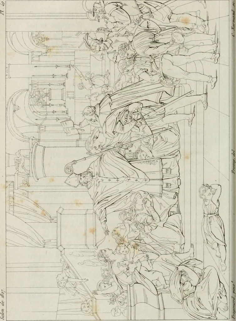 An illustration from Annales de l'école française des beaux-arts : recueil de gravures au trait ... avec des notices historiques et critiques, des considérations sur l'état et les progrès des arts, la biographie des artistes dont la France déplore chaque année la perte, etc., etc., 1827, leaf 223