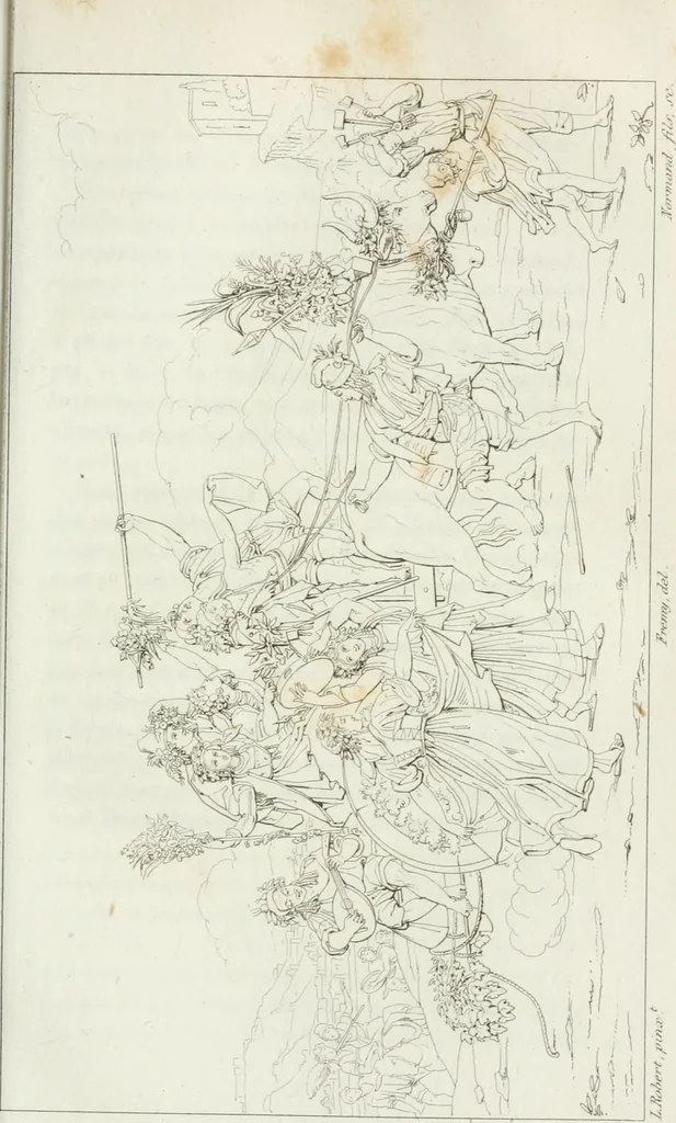 An illustration from Annales de l'école française des beaux-arts : recueil de gravures au trait ... avec des notices historiques et critiques, des considérations sur l'état et les progrès des arts, la biographie des artistes dont la France déplore chaque année la perte, etc., etc., 1827, leaf 242