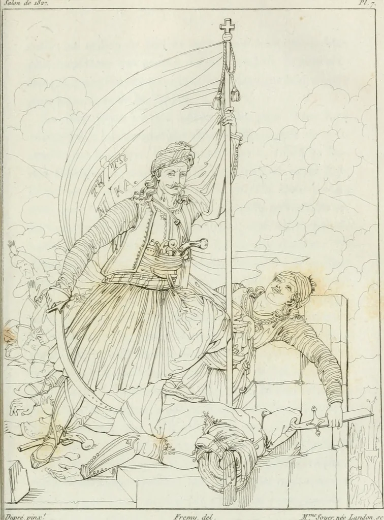 An illustration from Annales de l'école française des beaux-arts : recueil de gravures au trait ... avec des notices historiques et critiques, des considérations sur l'état et les progrès des arts, la biographie des artistes dont la France déplore chaque année la perte, etc., etc., 1827, leaf 42