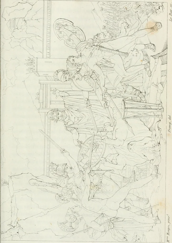 An illustration from Annales de l'école française des beaux-arts : recueil de gravures au trait ... avec des notices historiques et critiques, des considérations sur l'état et les progrès des arts, la biographie des artistes dont la France déplore chaque année la perte, etc., etc., 1827, leaf 46