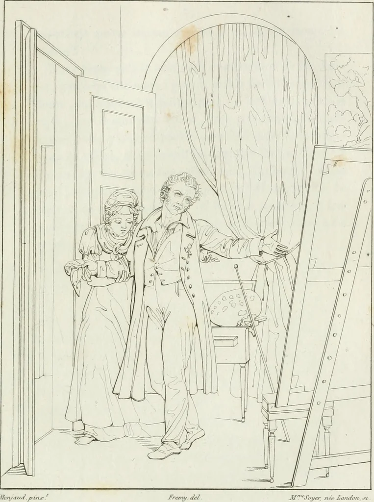 An illustration from Annales de l'école française des beaux-arts : recueil de gravures au trait ... avec des notices historiques et critiques, des considérations sur l'état et les progrès des arts, la biographie des artistes dont la France déplore chaque année la perte, etc., etc., 1827, leaf 64