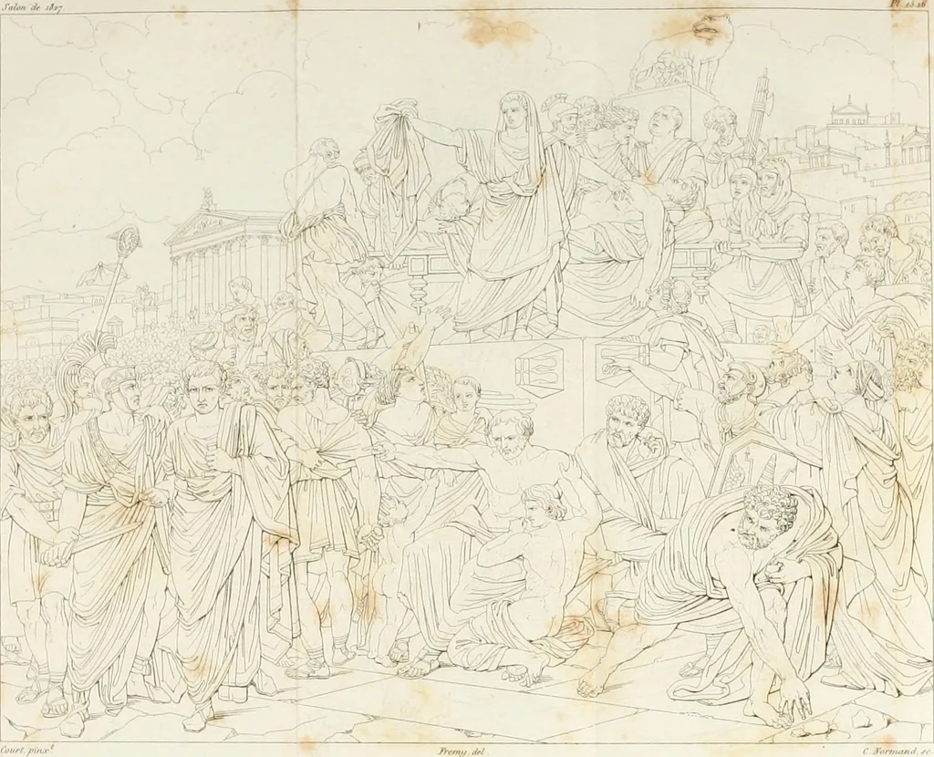 An illustration from Annales de l'école française des beaux-arts : recueil de gravures au trait ... avec des notices historiques et critiques, des considérations sur l'état et les progrès des arts, la biographie des artistes dont la France déplore chaque année la perte, etc., etc., 1827, leaf 76