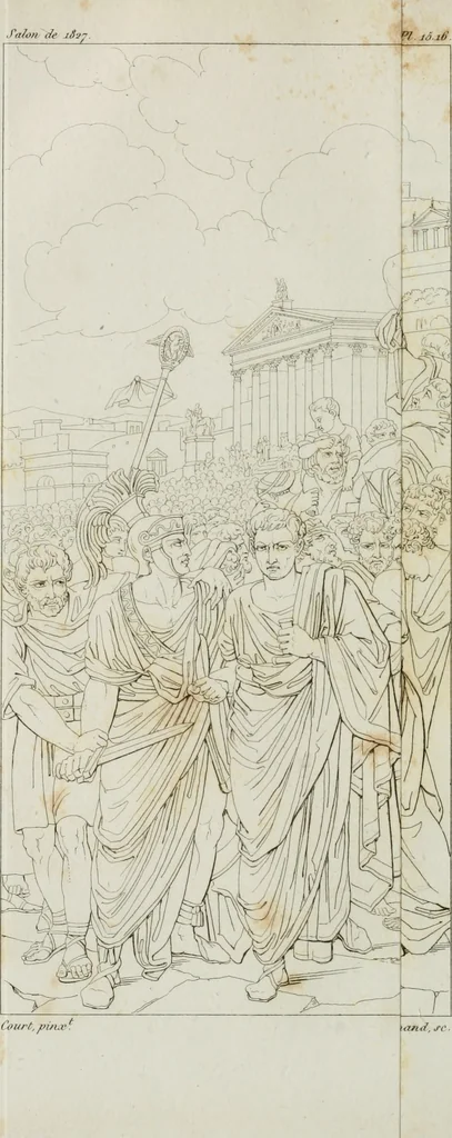 An illustration from Annales de l'école française des beaux-arts : recueil de gravures au trait ... avec des notices historiques et critiques, des considérations sur l'état et les progrès des arts, la biographie des artistes dont la France déplore chaque année la perte, etc., etc., 1827, leaf 77