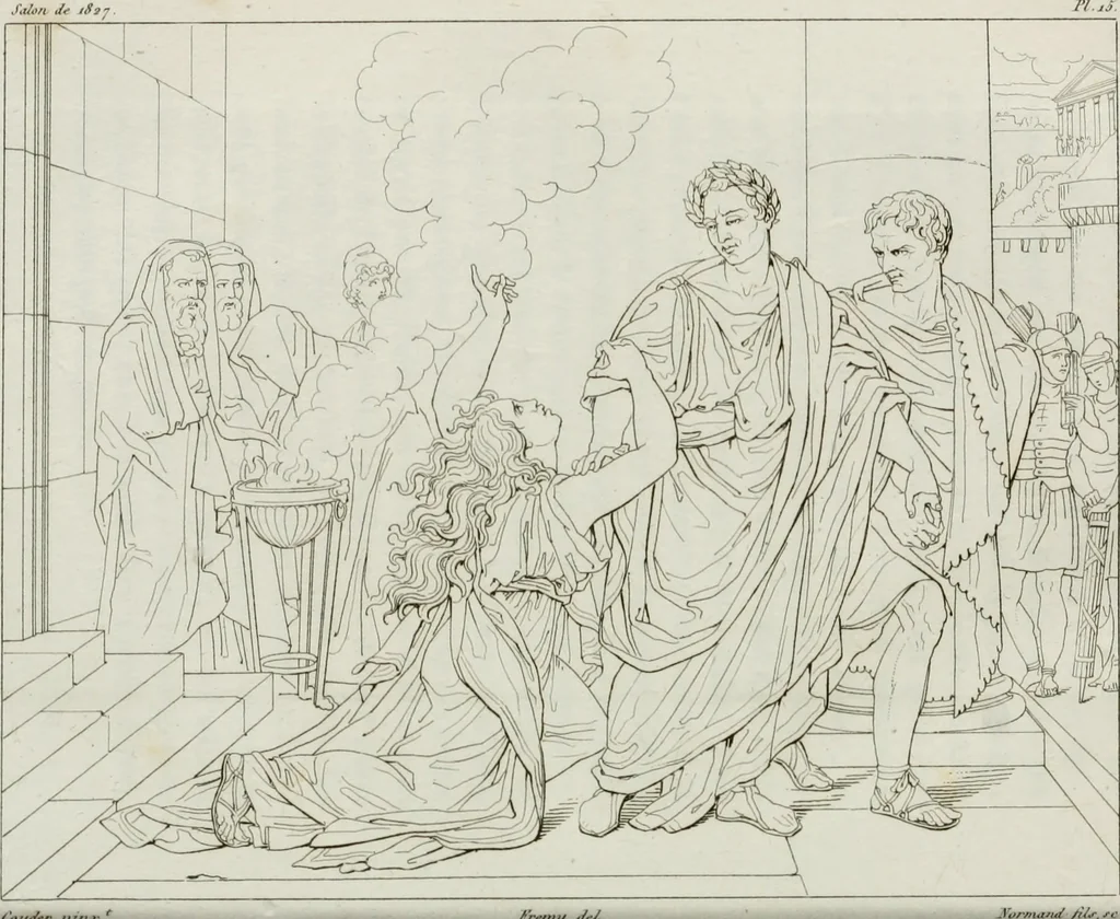 An illustration from Annales de l'école française des beaux-arts : recueil de gravures au trait ... avec des notices historiques et critiques, des considérations sur l'état et les progrès des arts, la biographie des artistes dont la France déplore chaque année la perte, etc., etc., 1827, leaf 87