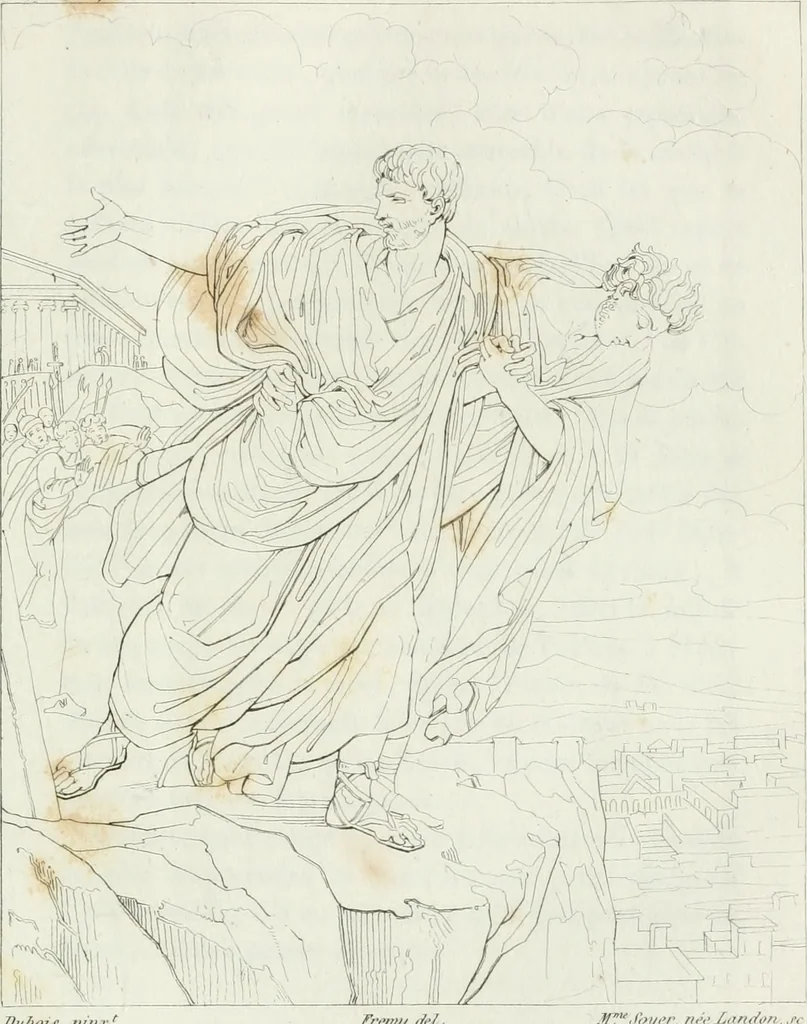An illustration from Annales de l'école française des beaux-arts : recueil de gravures au trait ... avec des notices historiques et critiques, des considérations sur l'état et les progrès des arts, la biographie des artistes dont la France déplore chaque année la perte, etc., etc., 1827, leaf 92
