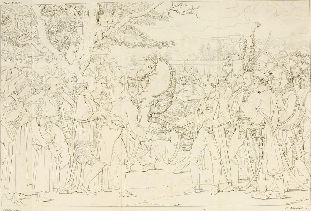 An illustration from Annales du musée et de l'école moderne des beaux-arts : recueil de gravures au trait, d'après les principaux ouvrages de peinture, sculpture, ou projets d'architecture, qui, chaque année, ont remporté le prix, soit aux écoles spéciales, soit aux concours nationaux : les productions des artistes en tous genres, qui, aux différentes expositions, ont été citées avec éloges : les morceaux les plus estimés ou inédits de la galerie de peinture : la suite complète de celle des antiques : édifices anciens et modernes, etc., 1800, leaf 10