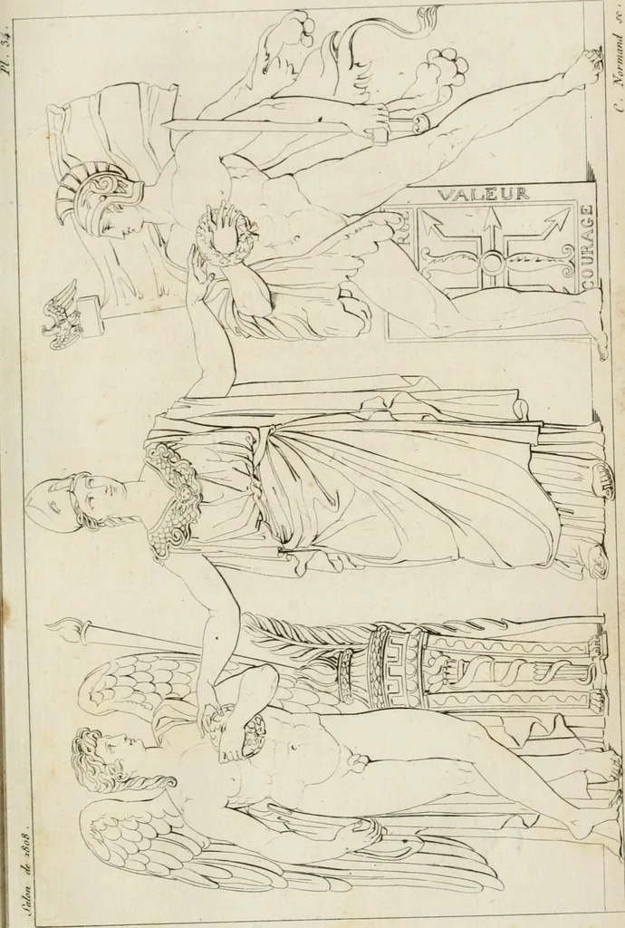 An illustration from Annales du musée et de l'école moderne des beaux-arts : recueil de gravures au trait, d'après les principaux ouvrages de peinture, sculpture, ou projets d'architecture, qui, chaque année, ont remporté le prix, soit aux écoles spéciales, soit aux concours nationaux : les productions des artistes en tous genres, qui, aux différentes expositions, ont été citées avec éloges : les morceaux les plus estimés ou inédits de la galerie de peinture : la suite complète de celle des antiques : édifices anciens et modernes, etc., 1800, leaf 102