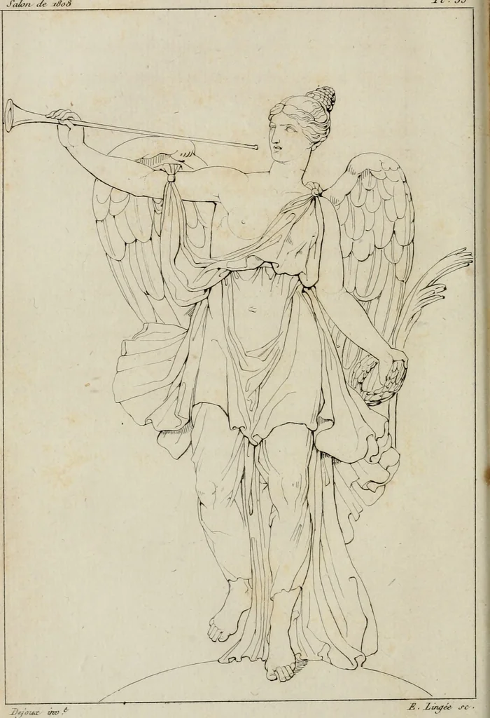 An illustration from Annales du musée et de l'école moderne des beaux-arts : recueil de gravures au trait, d'après les principaux ouvrages de peinture, sculpture, ou projets d'architecture, qui, chaque année, ont remporté le prix, soit aux écoles spéciales, soit aux concours nationaux : les productions des artistes en tous genres, qui, aux différentes expositions, ont été citées avec éloges : les morceaux les plus estimés ou inédits de la galerie de peinture : la suite complète de celle des antiques : édifices anciens et modernes, etc., 1800, leaf 105