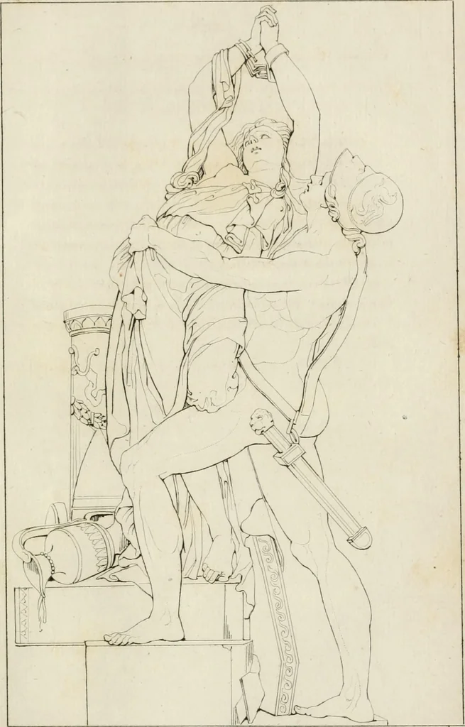 An illustration from Annales du musée et de l'école moderne des beaux-arts : recueil de gravures au trait, d'après les principaux ouvrages de peinture, sculpture, ou projets d'architecture, qui, chaque année, ont remporté le prix, soit aux écoles spéciales, soit aux concours nationaux : les productions des artistes en tous genres, qui, aux différentes expositions, ont été citées avec éloges : les morceaux les plus estimés ou inédits de la galerie de peinture : la suite complète de celle des antiques : édifices anciens et modernes, etc., 1800, leaf 108