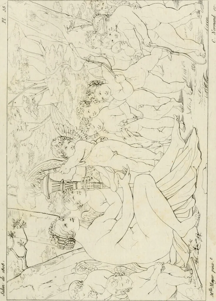 An illustration from Annales du musée et de l'école moderne des beaux-arts : recueil de gravures au trait, d'après les principaux ouvrages de peinture, sculpture, ou projets d'architecture, qui, chaque année, ont remporté le prix, soit aux écoles spéciales, soit aux concours nationaux : les productions des artistes en tous genres, qui, aux différentes expositions, ont été citées avec éloges : les morceaux les plus estimés ou inédits de la galerie de peinture : la suite complète de celle des antiques : édifices anciens et modernes, etc., 1800, leaf 120