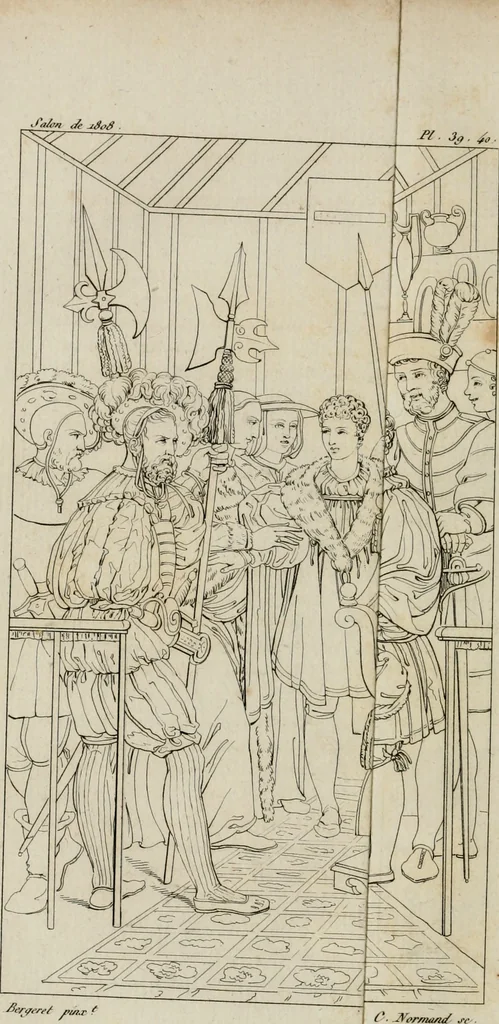 An illustration from Annales du musée et de l'école moderne des beaux-arts : recueil de gravures au trait, d'après les principaux ouvrages de peinture, sculpture, ou projets d'architecture, qui, chaque année, ont remporté le prix, soit aux écoles spéciales, soit aux concours nationaux : les productions des artistes en tous genres, qui, aux différentes expositions, ont été citées avec éloges : les morceaux les plus estimés ou inédits de la galerie de peinture : la suite complète de celle des antiques : édifices anciens et modernes, etc., 1800, leaf 123