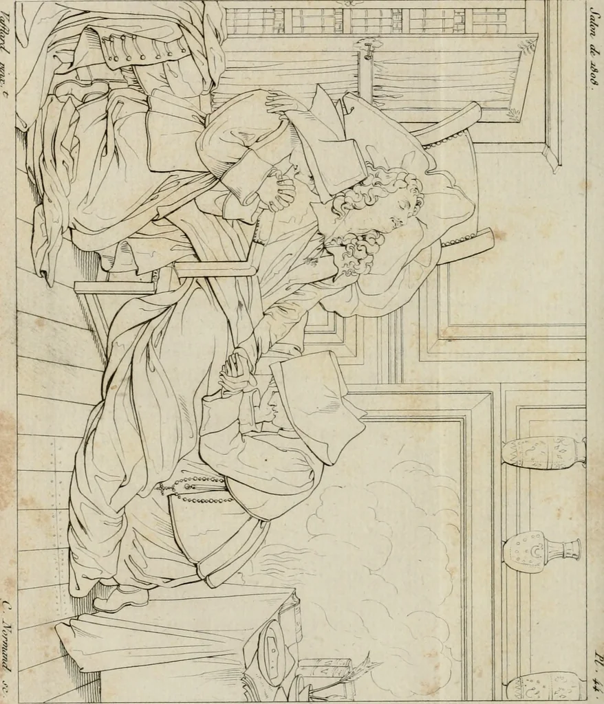 An illustration from Annales du musée et de l'école moderne des beaux-arts : recueil de gravures au trait, d'après les principaux ouvrages de peinture, sculpture, ou projets d'architecture, qui, chaque année, ont remporté le prix, soit aux écoles spéciales, soit aux concours nationaux : les productions des artistes en tous genres, qui, aux différentes expositions, ont été citées avec éloges : les morceaux les plus estimés ou inédits de la galerie de peinture : la suite complète de celle des antiques : édifices anciens et modernes, etc., 1800, leaf 135