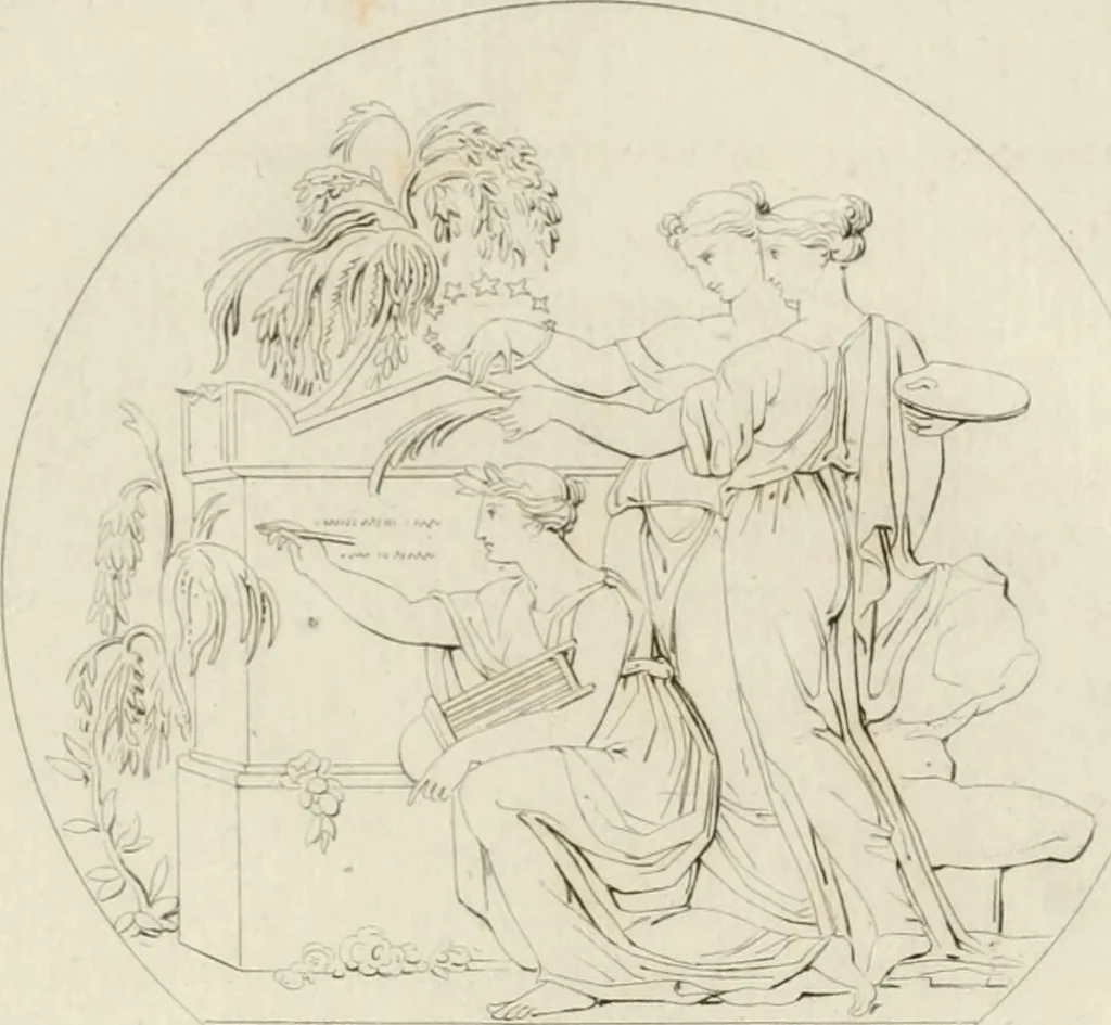 An illustration from Annales du musée et de l'école moderne des beaux-arts : recueil de gravures au trait, d'après les principaux ouvrages de peinture, sculpture, ou projets d'architecture, qui, chaque année, ont remporté le prix, soit aux écoles spéciales, soit aux concours nationaux : les productions des artistes en tous genres, qui, aux différentes expositions, ont été citées avec éloges : les morceaux les plus estimés ou inédits de la galerie de peinture : la suite complète de celle des antiques : édifices anciens et modernes, etc., 1800, leaf 150