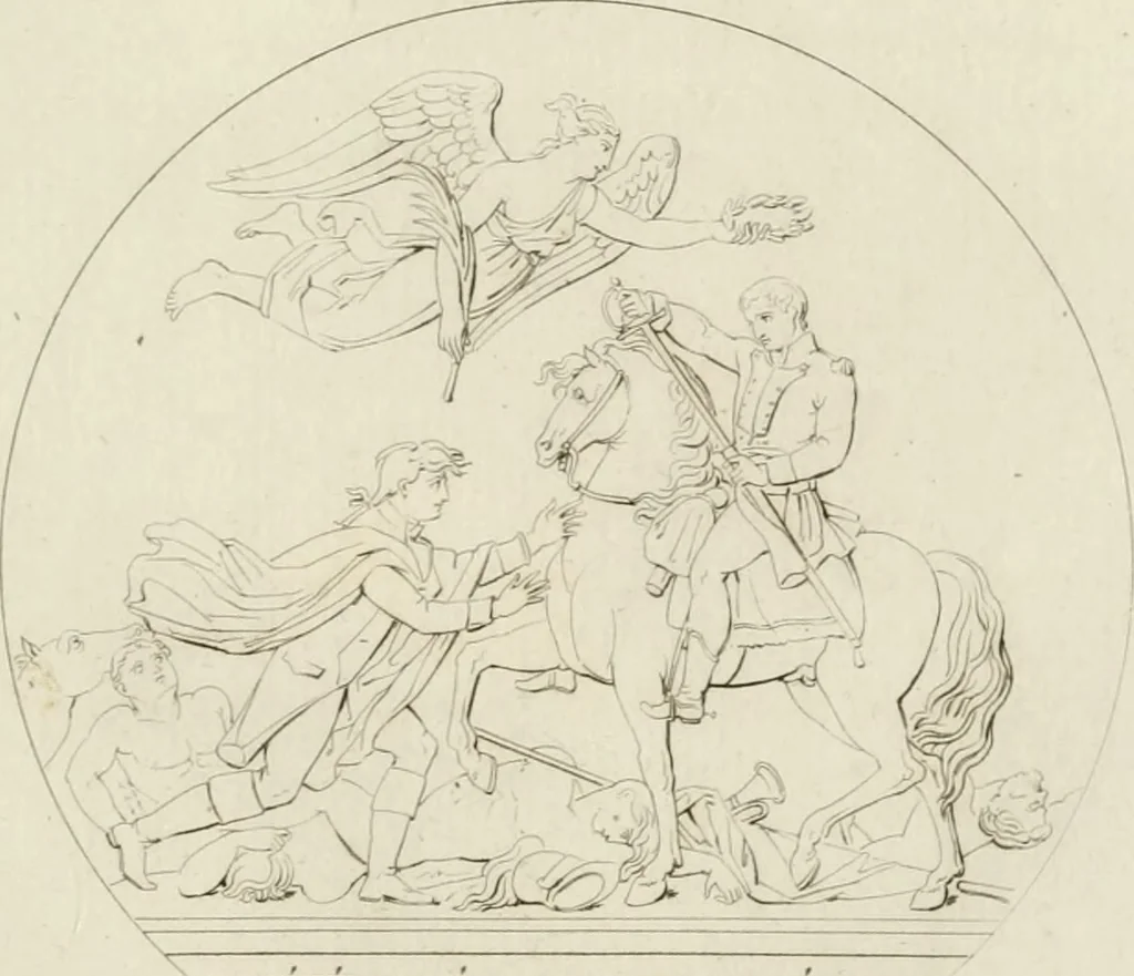 An illustration from Annales du musée et de l'école moderne des beaux-arts : recueil de gravures au trait, d'après les principaux ouvrages de peinture, sculpture, ou projets d'architecture, qui, chaque année, ont remporté le prix, soit aux écoles spéciales, soit aux concours nationaux : les productions des artistes en tous genres, qui, aux différentes expositions, ont été citées avec éloges : les morceaux les plus estimés ou inédits de la galerie de peinture : la suite complète de celle des antiques : édifices anciens et modernes, etc., 1800, leaf 150