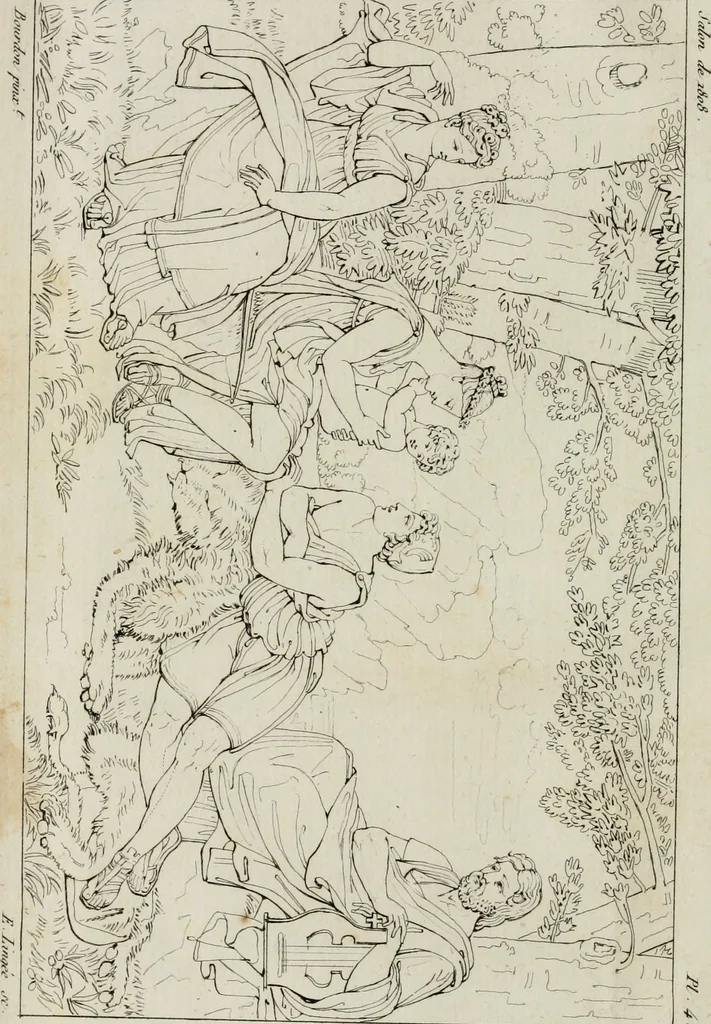 An illustration from Annales du musée et de l'école moderne des beaux-arts : recueil de gravures au trait, d'après les principaux ouvrages de peinture, sculpture, ou projets d'architecture, qui, chaque année, ont remporté le prix, soit aux écoles spéciales, soit aux concours nationaux : les productions des artistes en tous genres, qui, aux différentes expositions, ont été citées avec éloges : les morceaux les plus estimés ou inédits de la galerie de peinture : la suite complète de celle des antiques : édifices anciens et modernes, etc., 1800, leaf 19