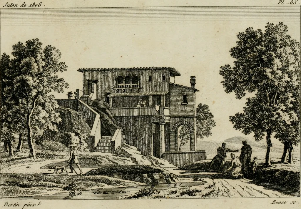 An illustration from Annales du musée et de l'école moderne des beaux-arts : recueil de gravures au trait, d'après les principaux ouvrages de peinture, sculpture, ou projets d'architecture, qui, chaque année, ont remporté le prix, soit aux écoles spéciales, soit aux concours nationaux : les productions des artistes en tous genres, qui, aux différentes expositions, ont été citées avec éloges : les morceaux les plus estimés ou inédits de la galerie de peinture : la suite complète de celle des antiques : édifices anciens et modernes, etc., 1800, leaf 195