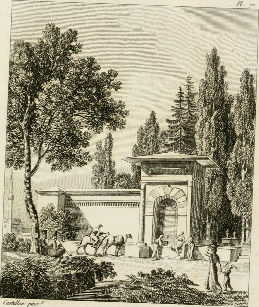 An illustration from Annales du musée et de l'école moderne des beaux-arts : recueil de gravures au trait, d'après les principaux ouvrages de peinture, sculpture, ou projets d'architecture, qui, chaque année, ont remporté le prix, soit aux écoles spéciales, soit aux concours nationaux : les productions des artistes en tous genres, qui, aux différentes expositions, ont été citées avec éloges : les morceaux les plus estimés ou inédits de la galerie de peinture : la suite complète de celle des antiques : édifices anciens et modernes, etc., 1800, leaf 210