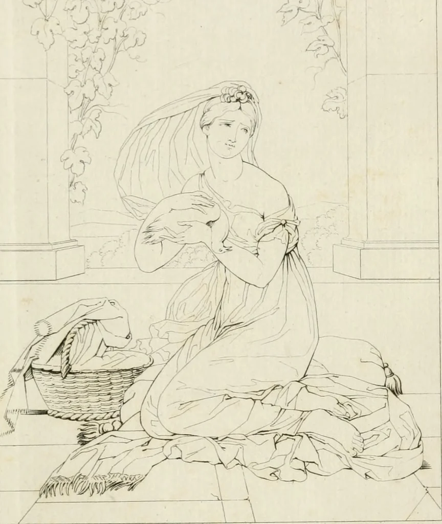 An illustration from Annales du musée et de l'école moderne des beaux-arts : recueil de gravures au trait, d'après les principaux ouvrages de peinture, sculpture, ou projets d'architecture, qui, chaque année, ont remporté le prix, soit aux écoles spéciales, soit aux concours nationaux : les productions des artistes en tous genres, qui, aux différentes expositions, ont été citées avec éloges : les morceaux les plus estimés ou inédits de la galerie de peinture : la suite complète de celle des antiques : édifices anciens et modernes, etc., 1800, leaf 32
