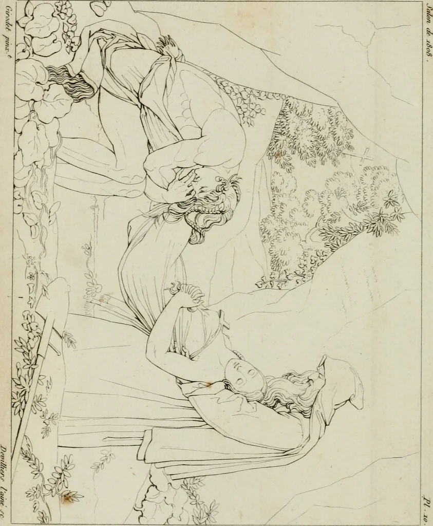 An illustration from Annales du musée et de l'école moderne des beaux-arts : recueil de gravures au trait, d'après les principaux ouvrages de peinture, sculpture, ou projets d'architecture, qui, chaque année, ont remporté le prix, soit aux écoles spéciales, soit aux concours nationaux : les productions des artistes en tous genres, qui, aux différentes expositions, ont été citées avec éloges : les morceaux les plus estimés ou inédits de la galerie de peinture : la suite complète de celle des antiques : édifices anciens et modernes, etc., 1800, leaf 35