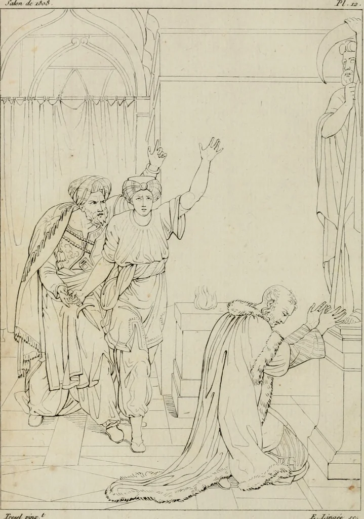 An illustration from Annales du musée et de l'école moderne des beaux-arts : recueil de gravures au trait, d'après les principaux ouvrages de peinture, sculpture, ou projets d'architecture, qui, chaque année, ont remporté le prix, soit aux écoles spéciales, soit aux concours nationaux : les productions des artistes en tous genres, qui, aux différentes expositions, ont été citées avec éloges : les morceaux les plus estimés ou inédits de la galerie de peinture : la suite complète de celle des antiques : édifices anciens et modernes, etc., 1800, leaf 43