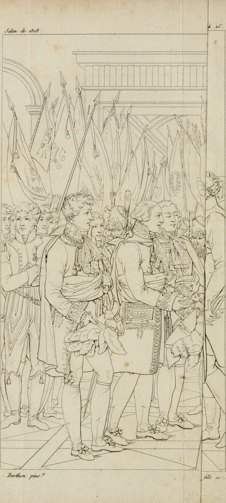 An illustration from Annales du musée et de l'école moderne des beaux-arts : recueil de gravures au trait, d'après les principaux ouvrages de peinture, sculpture, ou projets d'architecture, qui, chaque année, ont remporté le prix, soit aux écoles spéciales, soit aux concours nationaux : les productions des artistes en tous genres, qui, aux différentes expositions, ont été citées avec éloges : les morceaux les plus estimés ou inédits de la galerie de peinture : la suite complète de celle des antiques : édifices anciens et modernes, etc., 1800, leaf 49