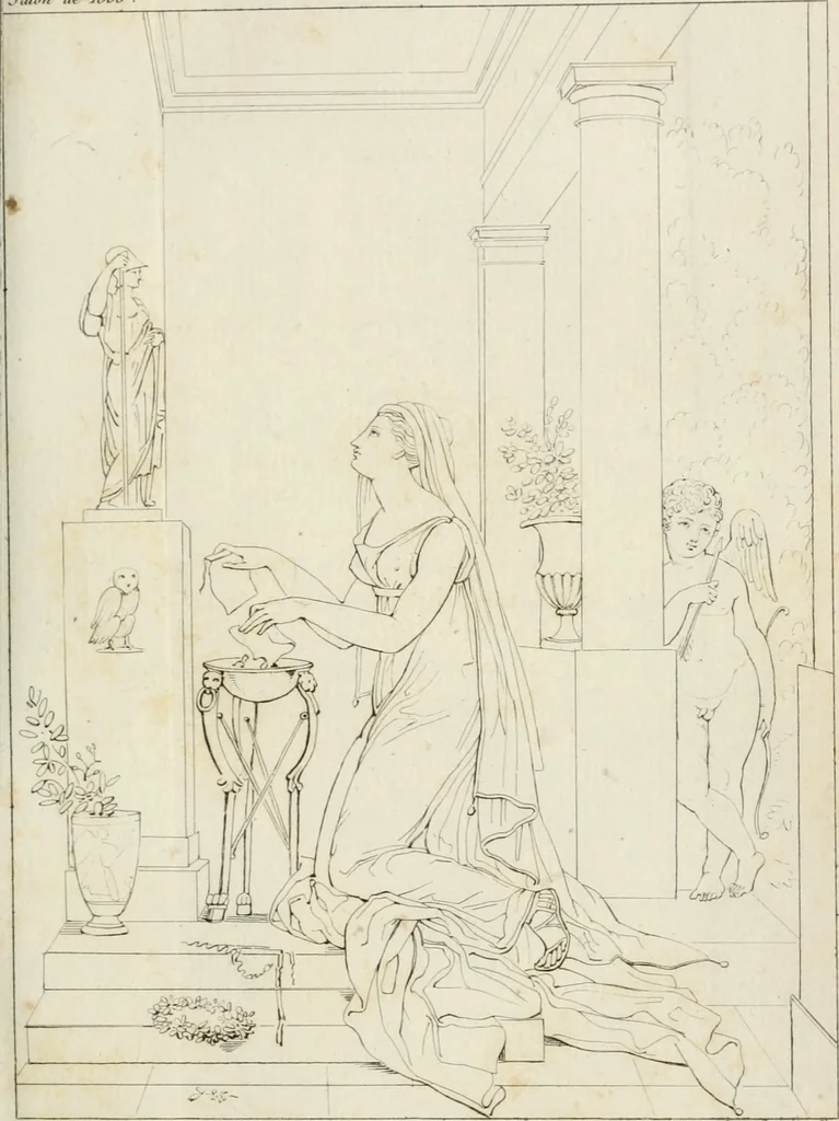 An illustration from Annales du musée et de l'école moderne des beaux-arts : recueil de gravures au trait, d'après les principaux ouvrages de peinture, sculpture, ou projets d'architecture, qui, chaque année, ont remporté le prix, soit aux écoles spéciales, soit aux concours nationaux : les productions des artistes en tous genres, qui, aux différentes expositions, ont été citées avec éloges : les morceaux les plus estimés ou inédits de la galerie de peinture : la suite complète de celle des antiques : édifices anciens et modernes, etc., 1800, leaf 52