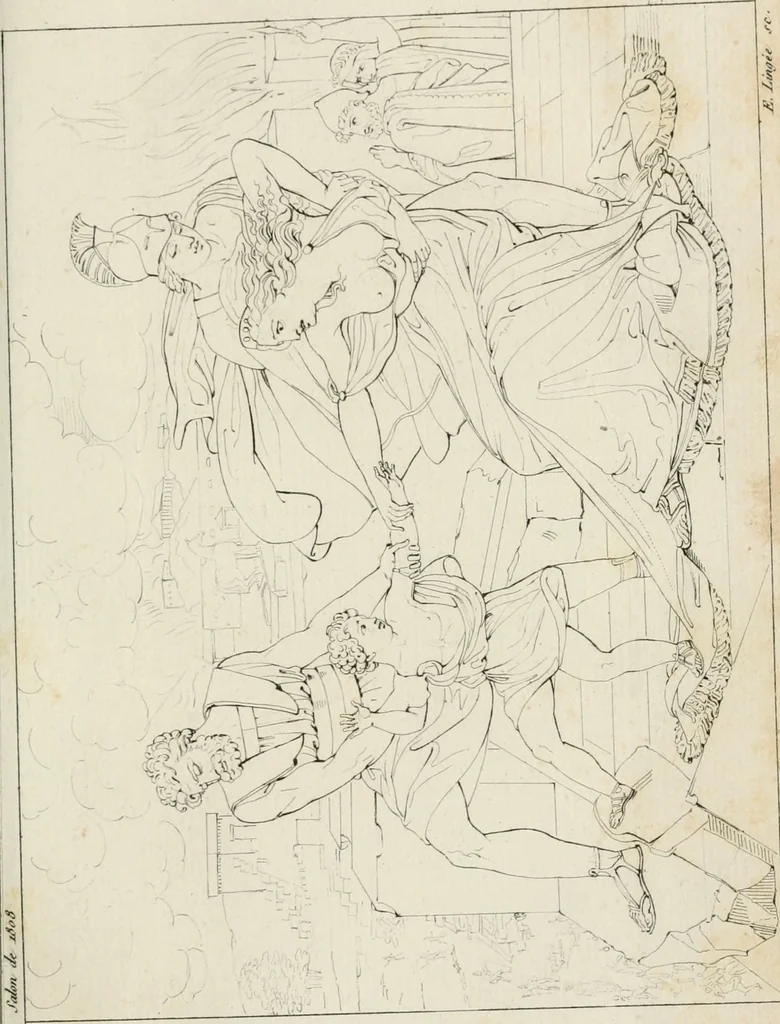 An illustration from Annales du musée et de l'école moderne des beaux-arts : recueil de gravures au trait, d'après les principaux ouvrages de peinture, sculpture, ou projets d'architecture, qui, chaque année, ont remporté le prix, soit aux écoles spéciales, soit aux concours nationaux : les productions des artistes en tous genres, qui, aux différentes expositions, ont été citées avec éloges : les morceaux les plus estimés ou inédits de la galerie de peinture : la suite complète de celle des antiques : édifices anciens et modernes, etc., 1800, leaf 58