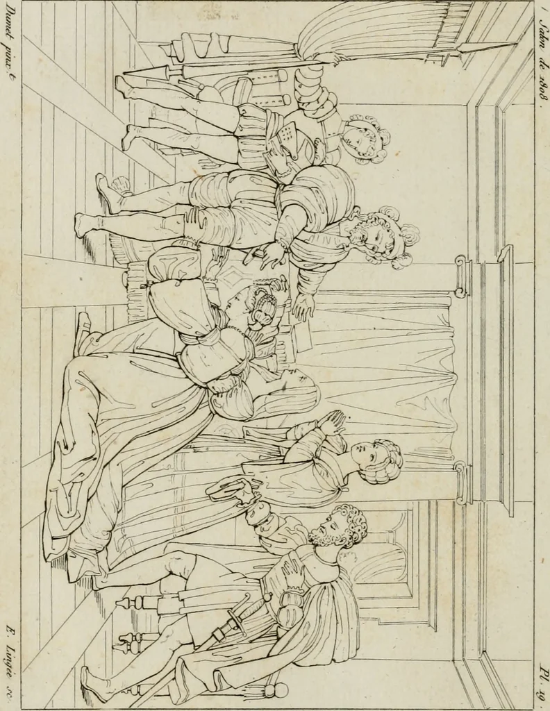 An illustration from Annales du musée et de l'école moderne des beaux-arts : recueil de gravures au trait, d'après les principaux ouvrages de peinture, sculpture, ou projets d'architecture, qui, chaque année, ont remporté le prix, soit aux écoles spéciales, soit aux concours nationaux : les productions des artistes en tous genres, qui, aux différentes expositions, ont été citées avec éloges : les morceaux les plus estimés ou inédits de la galerie de peinture : la suite complète de celle des antiques : édifices anciens et modernes, etc., 1800, leaf 61