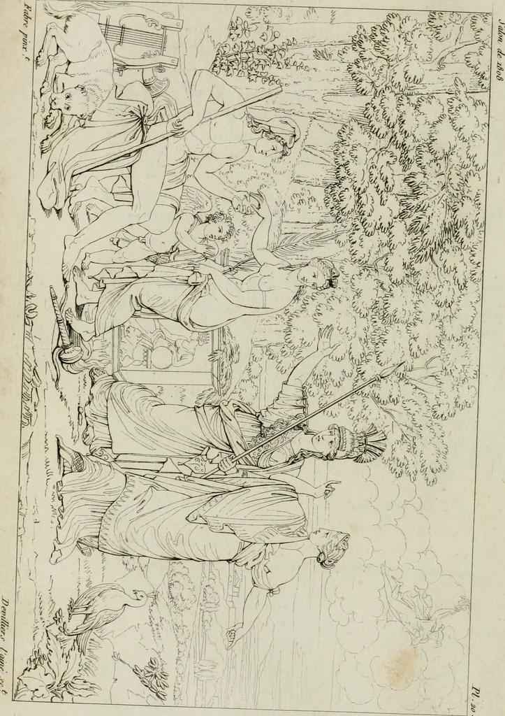 An illustration from Annales du musée et de l'école moderne des beaux-arts : recueil de gravures au trait, d'après les principaux ouvrages de peinture, sculpture, ou projets d'architecture, qui, chaque année, ont remporté le prix, soit aux écoles spéciales, soit aux concours nationaux : les productions des artistes en tous genres, qui, aux différentes expositions, ont été citées avec éloges : les morceaux les plus estimés ou inédits de la galerie de peinture : la suite complète de celle des antiques : édifices anciens et modernes, etc., 1800, leaf 65