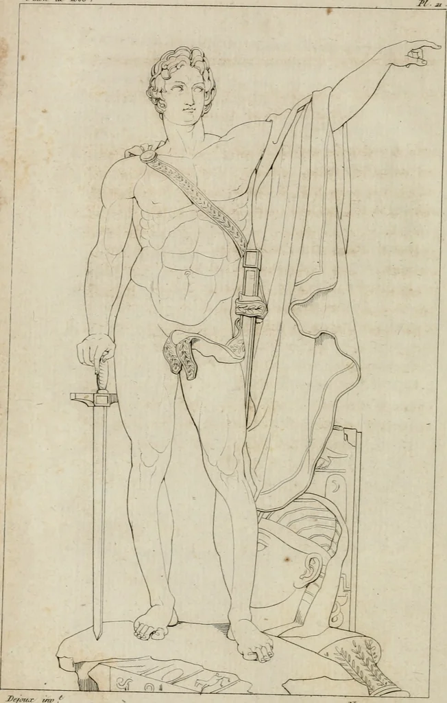 An illustration from Annales du musée et de l'école moderne des beaux-arts : recueil de gravures au trait, d'après les principaux ouvrages de peinture, sculpture, ou projets d'architecture, qui, chaque année, ont remporté le prix, soit aux écoles spéciales, soit aux concours nationaux : les productions des artistes en tous genres, qui, aux différentes expositions, ont été citées avec éloges : les morceaux les plus estimés ou inédits de la galerie de peinture : la suite complète de celle des antiques : édifices anciens et modernes, etc., 1800, leaf 69