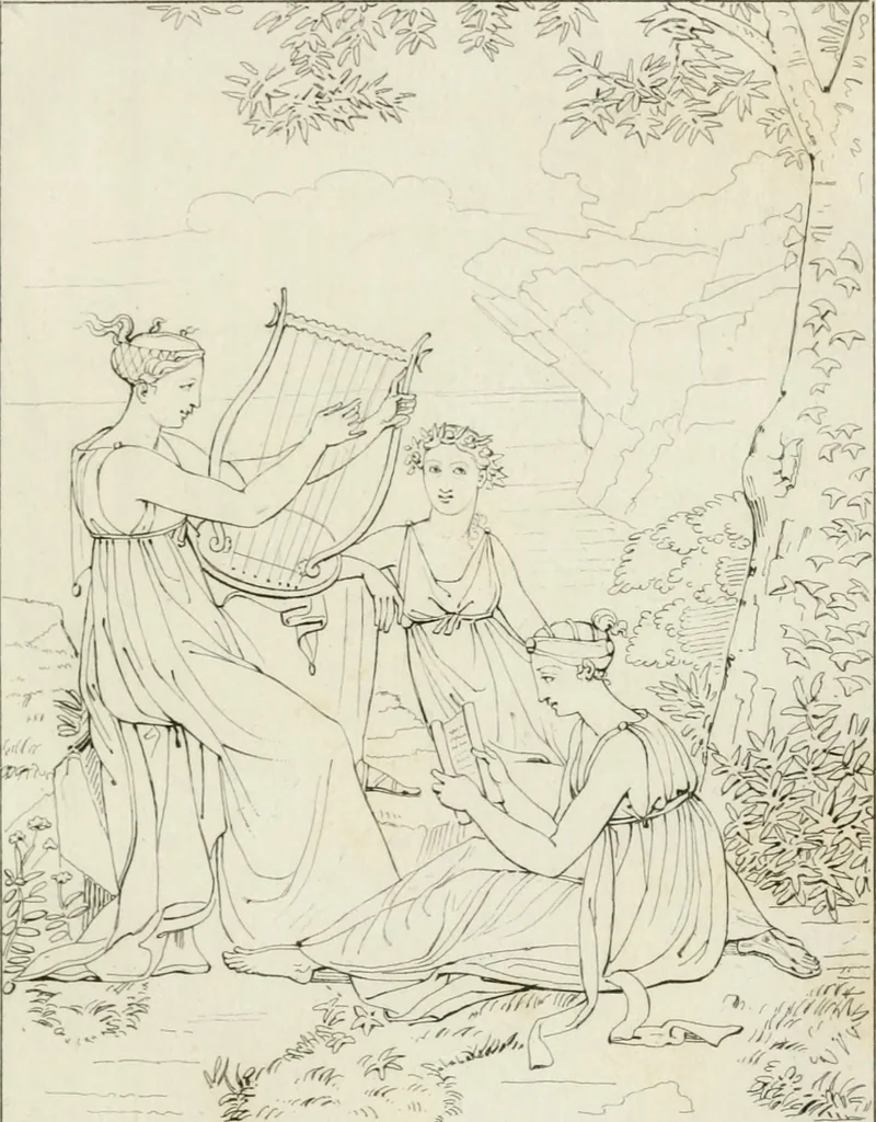 An illustration from Annales du musée et de l'école moderne des beaux-arts : recueil de gravures au trait, d'après les principaux ouvrages de peinture, sculpture, ou projets d'architecture, qui, chaque année, ont remporté le prix, soit aux écoles spéciales, soit aux concours nationaux : les productions des artistes en tous genres, qui, aux différentes expositions, ont été citées avec éloges : les morceaux les plus estimés ou inédits de la galerie de peinture : la suite complète de celle des antiques : édifices anciens et modernes, etc., 1800, leaf 72