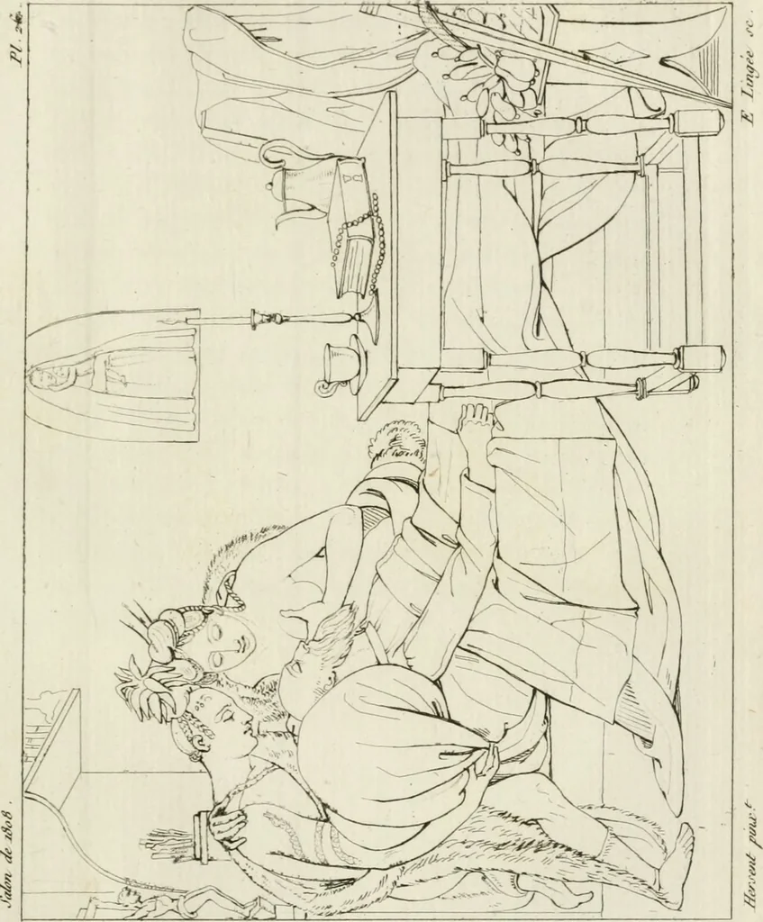 An illustration from Annales du musée et de l'école moderne des beaux-arts : recueil de gravures au trait, d'après les principaux ouvrages de peinture, sculpture, ou projets d'architecture, qui, chaque année, ont remporté le prix, soit aux écoles spéciales, soit aux concours nationaux : les productions des artistes en tous genres, qui, aux différentes expositions, ont été citées avec éloges : les morceaux les plus estimés ou inédits de la galerie de peinture : la suite complète de celle des antiques : édifices anciens et modernes, etc., 1800, leaf 82