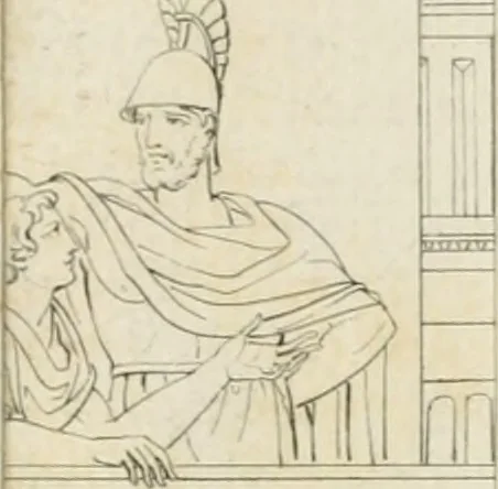An illustration from Annales du musée et de l'école moderne des beaux-arts : recueil de gravures au trait, d'après les principaux ouvrages de peinture, sculpture, ou projets d'architecture, qui, chaque année, ont remporté le prix, soit aux écoles spéciales, soit aux concours nationaux : les productions des artistes en tous genres, qui, aux différentes expositions, ont été citées avec éloges : les morceaux les plus estimés ou inédits de la galerie de peinture : la suite complète de celle des antiques : édifices anciens et modernes, etc., 1800, leaf 86