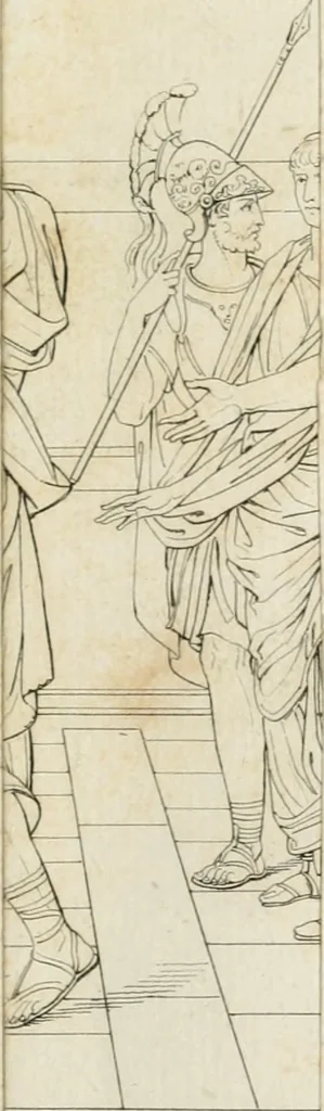 An illustration from Annales du musée et de l'école moderne des beaux-arts : recueil de gravures au trait, d'après les principaux ouvrages de peinture, sculpture, ou projets d'architecture, qui, chaque année, ont remporté le prix, soit aux écoles spéciales, soit aux concours nationaux : les productions des artistes en tous genres, qui, aux différentes expositions, ont été citées avec éloges : les morceaux les plus estimés ou inédits de la galerie de peinture : la suite complète de celle des antiques : édifices anciens et modernes, etc., 1800, leaf 86
