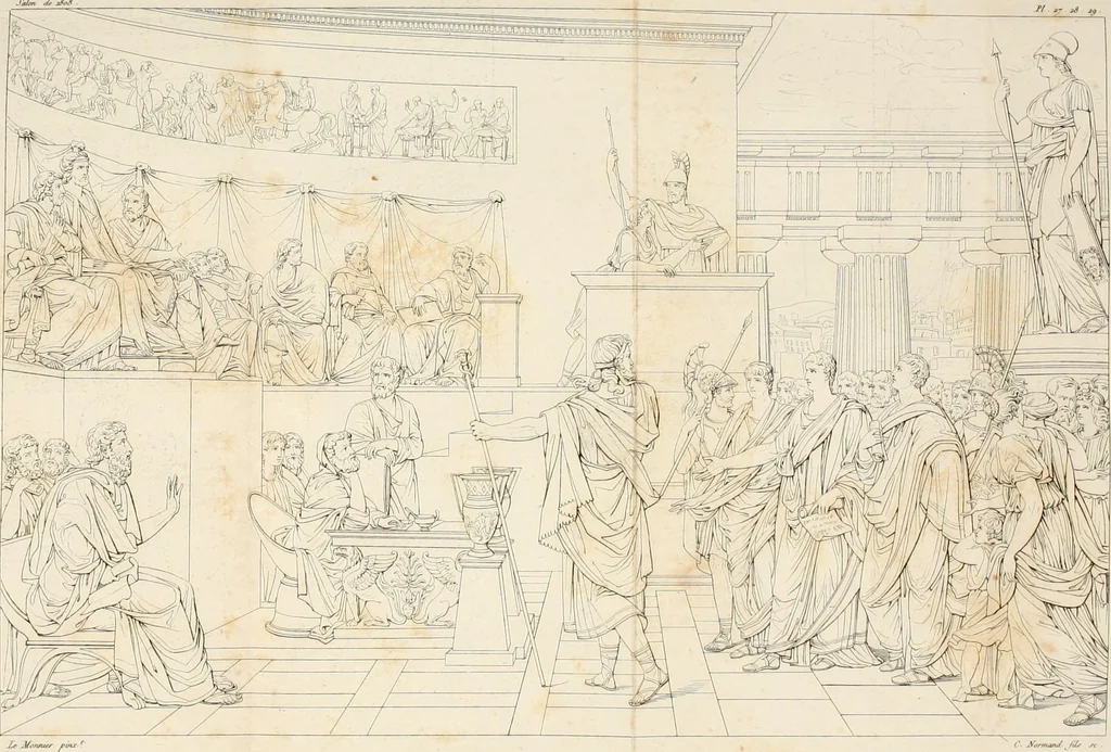 An illustration from Annales du musée et de l'école moderne des beaux-arts : recueil de gravures au trait, d'après les principaux ouvrages de peinture, sculpture, ou projets d'architecture, qui, chaque année, ont remporté le prix, soit aux écoles spéciales, soit aux concours nationaux : les productions des artistes en tous genres, qui, aux différentes expositions, ont été citées avec éloges : les morceaux les plus estimés ou inédits de la galerie de peinture : la suite complète de celle des antiques : édifices anciens et modernes, etc., 1800, leaf 87