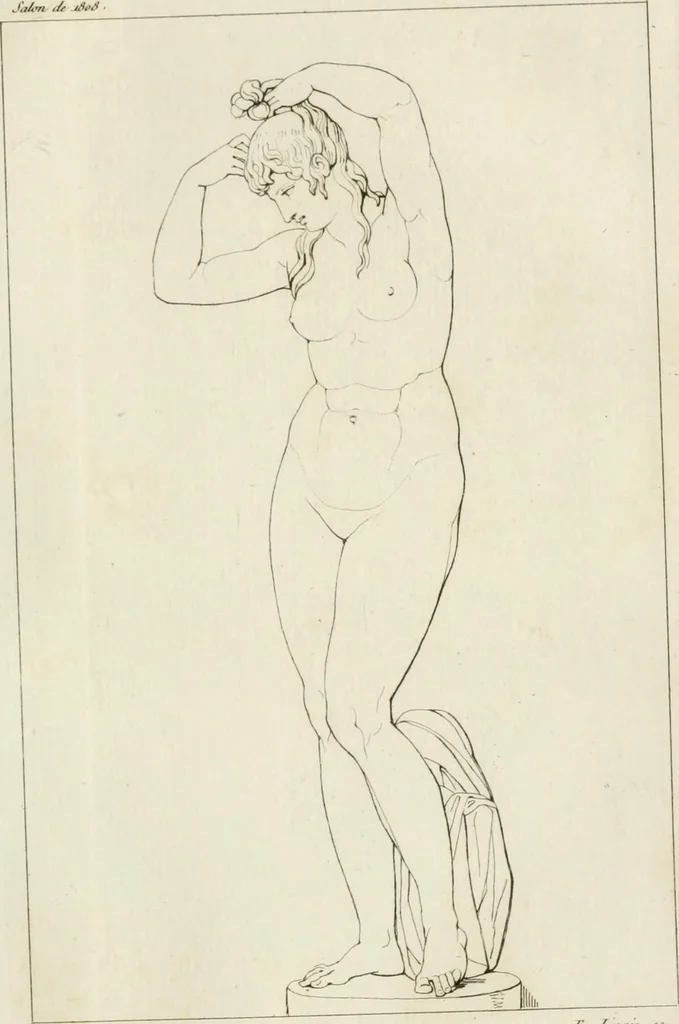 An illustration from Annales du musée et de l'école moderne des beaux-arts : recueil de gravures au trait, d'après les principaux ouvrages de peinture, sculpture, ou projets d'architecture, qui, chaque année, ont remporté le prix, soit aux écoles spéciales, soit aux concours nationaux : les productions des artistes en tous genres, qui, aux différentes expositions, ont été citées avec éloges : les morceaux les plus estimés ou inédits de la galerie de peinture : la suite complète de celle des antiques : édifices anciens et modernes, etc., 1800, leaf 90