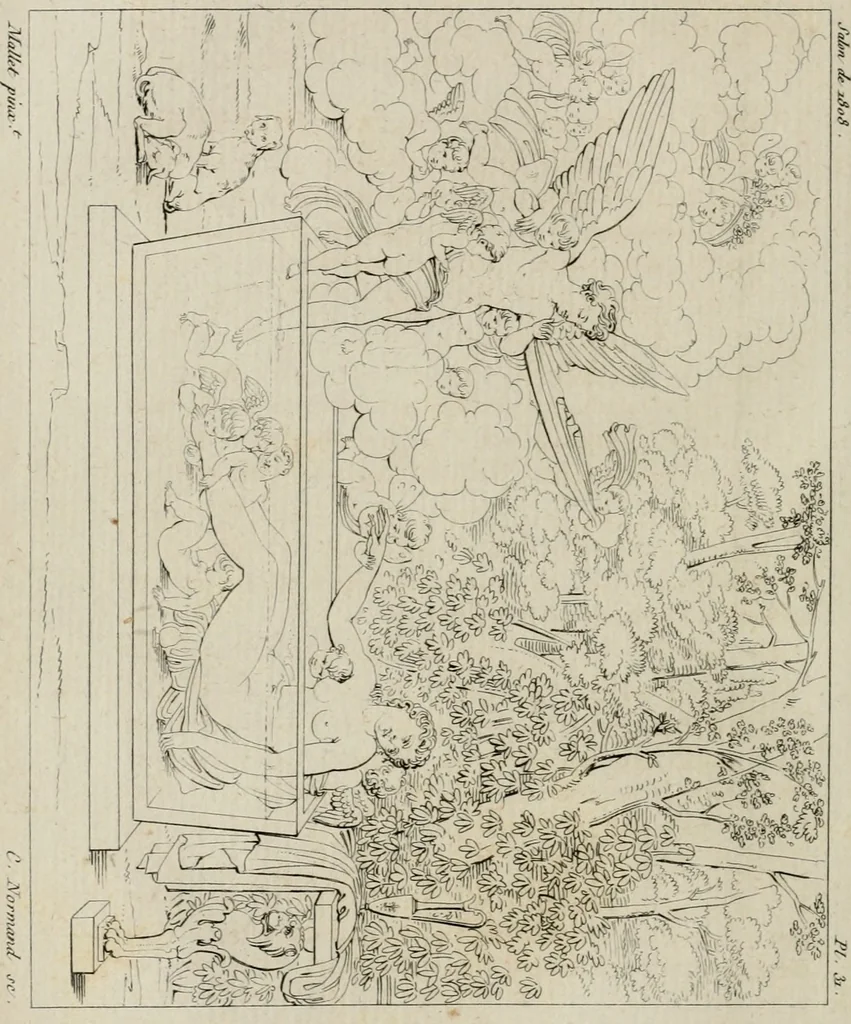 An illustration from Annales du musée et de l'école moderne des beaux-arts : recueil de gravures au trait, d'après les principaux ouvrages de peinture, sculpture, ou projets d'architecture, qui, chaque année, ont remporté le prix, soit aux écoles spéciales, soit aux concours nationaux : les productions des artistes en tous genres, qui, aux différentes expositions, ont été citées avec éloges : les morceaux les plus estimés ou inédits de la galerie de peinture : la suite complète de celle des antiques : édifices anciens et modernes, etc., 1800, leaf 93