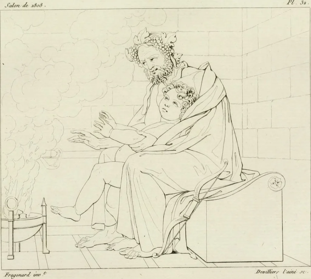 An illustration from Annales du musée et de l'école moderne des beaux-arts : recueil de gravures au trait, d'après les principaux ouvrages de peinture, sculpture, ou projets d'architecture, qui, chaque année, ont remporté le prix, soit aux écoles spéciales, soit aux concours nationaux : les productions des artistes en tous genres, qui, aux différentes expositions, ont été citées avec éloges : les morceaux les plus estimés ou inédits de la galerie de peinture : la suite complète de celle des antiques : édifices anciens et modernes, etc., 1800, leaf 96