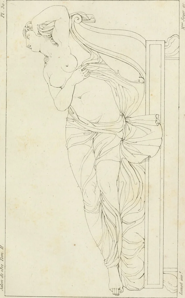 An illustration from Annales du musée et de l'école moderne des beaux-arts : recueil de gravures au trait, d'après les principaux ouvrages de peinture, sculpture, ou projets d'architecture, qui, chaque année, ont remporté le prix, soit aux écoles spéciales, soit aux concours nationaux : les productions des artistes en tous genres, qui, aux différentes expositions, ont été citées avec éloges : les morceaux les plus estimés ou inédits de la galerie de peinture : la suite complète de celle des antiques : édifices anciens et modernes, etc., 1800, leaf 100